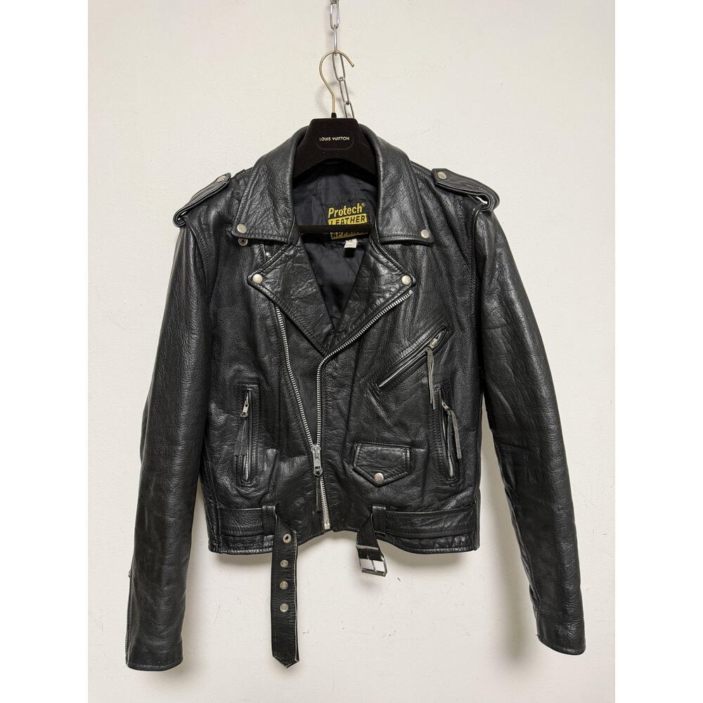 Protech Leather Apparel Jacket Mens 44 Black Leather Biker Moto Belted Zip